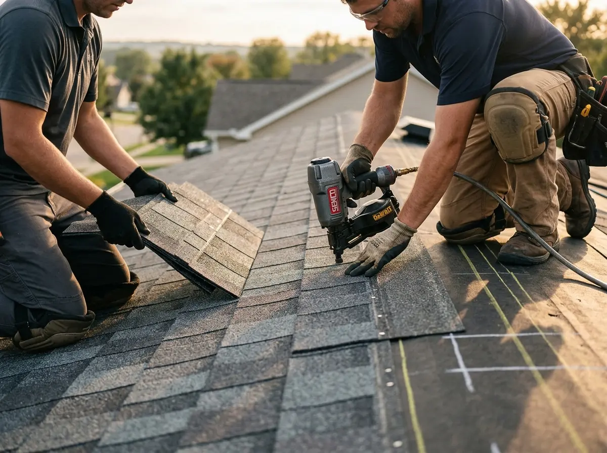 Professional roofer working on a residential roof in Wahoo